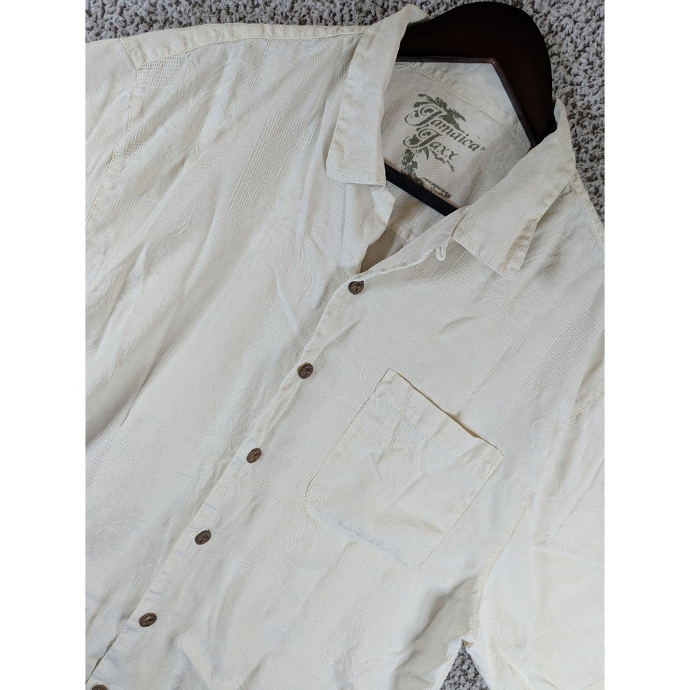 Jamaica‎ Jaxx Silk Button Up Shirt Jacquard Short Sleeve Cream Beige Mens Large